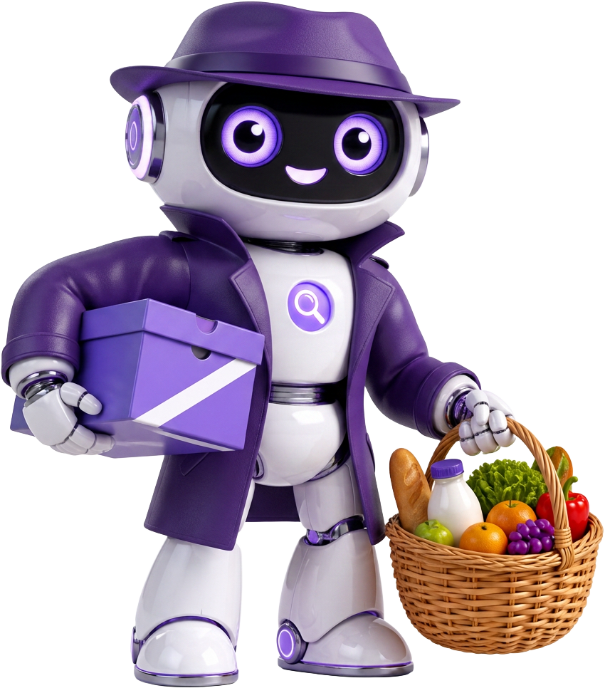 Spy, the spycart mascot, holding a shoebox and a grocery basket